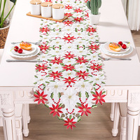 Chemin de table rectangulaire de Noël brodé en polyester de 69 pouces, motif feuille de houx et poinsettia, réutilisable et durable pour Noël