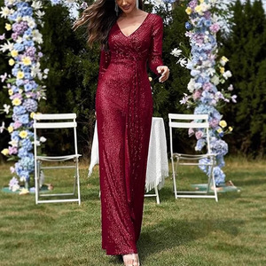 Robe de soirée sirène à sequins à manches longues et col en V avec design à nouer pour femme - Product Image 4