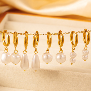 Boucles d'oreilles pendantes baroques en perles d'eau douce, bijoux de demoiselle d'honneur, en acier inoxydable plaqué or 18 carats, boucles d'oreilles créoles pour femme - Product Image 1