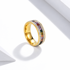 Multicolor Zircon <b>Ring</b> <b>Stainless</b> <b>Steel</b> 14K Gold Vacuum Plated Zircon Band Jewelry - Product Image 1