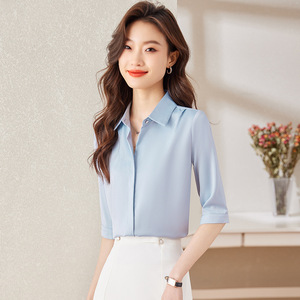 Women's Mid Sleeve White Chiffon Shirt Solid Color Office Wear Simple Style 2024 Fashion Elegant Blouse - Product Image 3