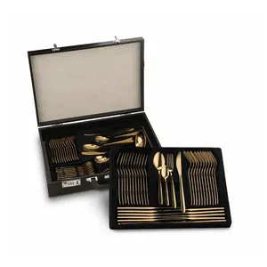 Custom Modern Design SS Cutlery Shiny Gold Plated Stainless Steel Silverware Flatware Set 32/42/48/56/60/70 Piece
