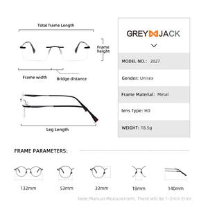 Lunettes carrées sans monture Greyjack pour hommes, monture en métal, verres en ac, style professionnel confortable - Product Image 2