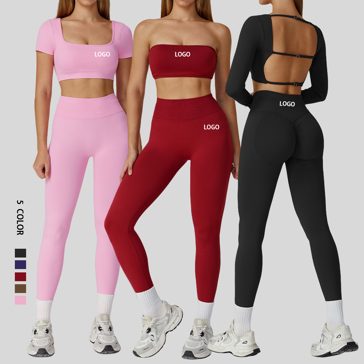 Custom Logo Front 5-Piece Set Women's Gym Fitness Suit Quick Dry Sports Bra Yoga Wear Solid Pattern