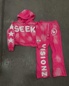 Ensemble de survêtement homme personnalisé, effet délavé à l'acide, broderie vintage, effet soleil, avec sweat à capuche zippé et pantalon de survêtement évasé - Product Image 3