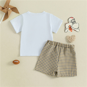 Ensemble 2 pièces pour bébés, logo personnalisé, broderie voiture/rugby, t-shirt manches courtes, short élastique à carreaux pour tout-petits garçons, 1 pièce - Product Image 3