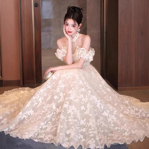 Champagne Off The Shoulder Halter Evening Gown With Floral Print For Coming Of Age Ceremony And Formal Events - Product Image 2