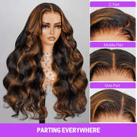 Megalook 13x4 Lace Frontal 30 pouces avec mèches # Perruque en cheveux humains 1BP30 Body/Deep/Loose Wave, nœuds invisibles, ligne de cheveux naturelle