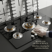 Table de cuisson encastrable transfrontalière 880 mm à 5 brûleurs, gaz liquéfié, allumage électronique, surface vitrocéramique, bouton-poussoir, classe énergétique A