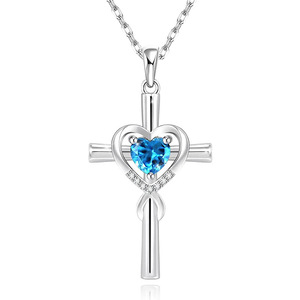 Ciondolo a croce con cristallo a forma di cuore blu, in argento 925 rodiato, gioiello religioso da donna per l'uso quotidiano. - Product Image 1