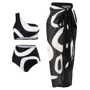 ชุดว่ายน้ำสามชิ้นสไตล์เรโทรปี 2025 แบบแยกชิ้น ชุดคลุมไหล่เดียว ผ้าชีฟอง กระโปรงชายหาดเอวสูง สไตล์สุดฮอต เซ็กซี่ ชุดว่ายน้ำลายพิมพ์ - Product Image 1
