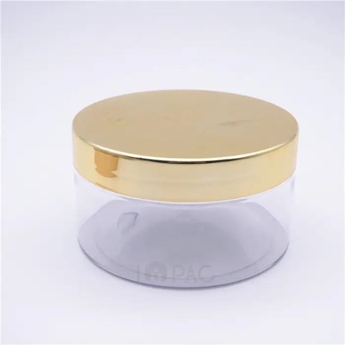wholesale round clear plastic cosmetic body scrub butter jars with golden lid 300ml