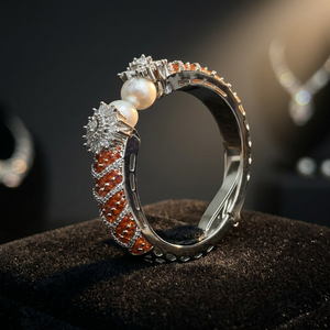 Luxury <b>Silver</b> Plated Brass Bangle <b>Bracelet</b> Orange CZ Cubic Zirconia Pearl <b>Cuff</b> Open Adjustable Indian Fashion Jewelry - Product Image 3