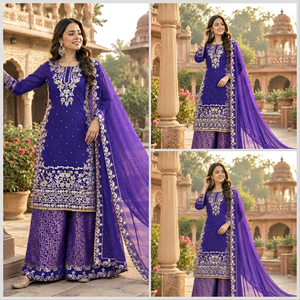 Traje Anarkali Tradicional Bordado para Mujer, Color Morado, Algodón, Largo hasta el Suelo, Traje Étnico para Boda, Estilo India Pakistán, Secado Rápido - Product Image 5