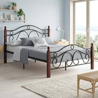 Cadre de lit vintage en métal avec poteaux en bois massif, tête de lit incurvée à motifs, lit plateforme pour chambre à coucher