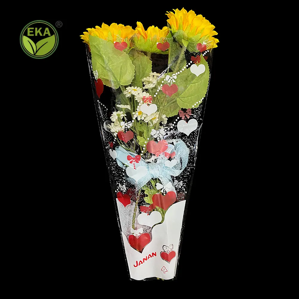 ปรุ Eco PP ที่กำหนดเองพิมพ์กระดาษแก้วใสห่อบรรจุภัณฑ์พลาสติกถุงช่อดอกไม้ที่ชัดเจนแขนดอกไม้