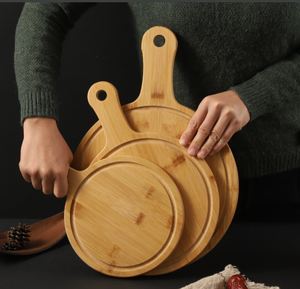 스테이크 라운드를위한 맞춤형 라벨 대나무 라운드 피자 도마 대나무 라벨 도마 세트 - Product Image 1