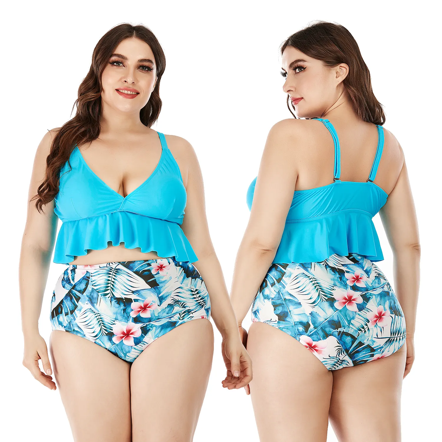 Customized Wholesale Big Size 7XXXxl Blue Summer 2 Piece Flower Swimsuits Swimwear Bikini