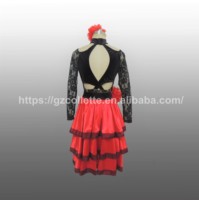 Robe de bal pour fille, robe de danse lyrique et latine, robe de compétition, Vestidos De Baile, dentelle noire, manches longues, justaucorps de gymnastique, robe rouge au genou