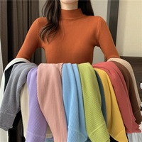 Damesmode Effen Kleur Pullovers Lange Mouwen Stretch Tops Halter Kraag Zachte Dunne Trui Voor Lente Seizoen Platte Gebreide Print