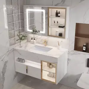 Móveis de banheiro modernos de laje de mármore para bancada, móveis de banheiro europeus para hotel, antigos, personalizados, clássicos, vaidade de banheiro
