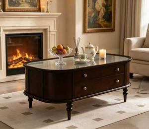 Vintage Dark Wood Coffee <b>Table</b> with Reeded Glass Top & <b>Drawers</b> Farmhouse Living Room Storage <b>Table</b> - Product Image 5