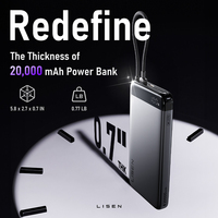 Chargeur de téléphone portable portable LISEN USB C 20000mAh Batterie externe avec câble intégré Charge rapide 35W pour iPhone 17 16 Slim Hub