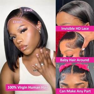 Perruque Bob Courte Droite en <span class=keywords><strong>Cheveux</strong></span> Brésiliens Remy, Dentelle HD Sans Colle, Raie Latérale, Densité 250%, Avec Baby Hair, Prête à Porter pour Femmes Noires - Product Image 4