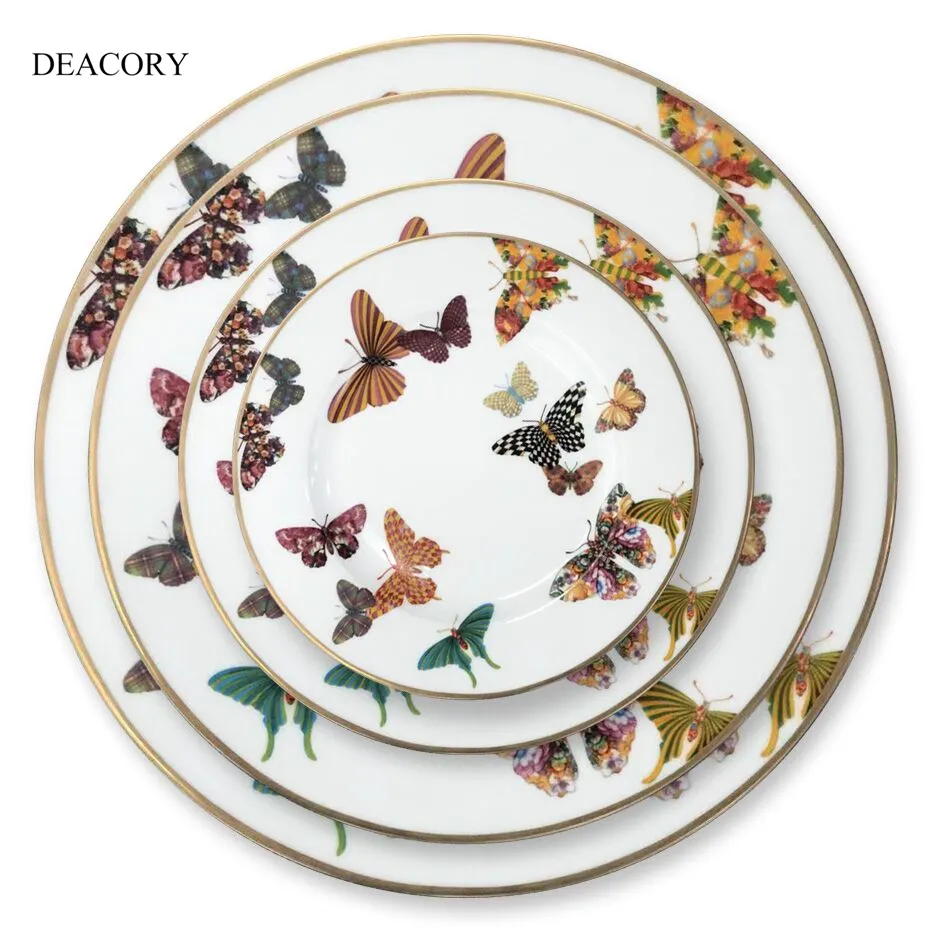 Deacory 2021 novo design dourado jantar, borboleta osso china cerâmica placa do carregador para o casamento