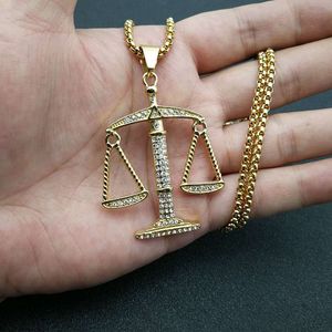 Collier Pendentif Zodiaque Balance en Acier Inoxydable Plaqué Or avec Sertissage Pavé, Chaîne 3mm 61cm, Bijoux Hip Hop - Product Image 5