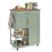Chariot de service mobile vert sauge pour salle à manger, chariot de rangement en bois pour îlots de cuisine avec roulettes