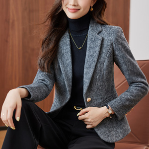 Women's Wool Blazer Gray Suit Solid Color No-Wrinkle Treatment Petite Short Style Versatile Top - Product Image 3
