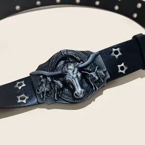 Cinturón Vaquero del Viejo Oeste de Texas con Hebilla de Toro de Cobre, Estilo Americano Texano, Cinturón Retro de Moda para Hombre y <span class=keywords><strong>Mujer</strong></span> - Product Image 6