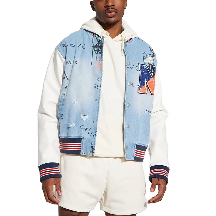 Black Men Digital Printing Varsity Distressing Jacket Light Wash Denim Jacket Plus Size Man Faux Leather Sleeves Jacket