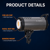 Lumière de studio LED bicolore SL-300Pro 200W avec télécommande 2.4G et contrôle par application, CRI 97+, 19000lm, corps en aluminium