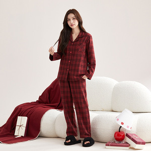 Christmas <strong>Thermal</strong> Pyjamas Family Gift Set Red Checkered Brushed Cotton V-neck Button <strong>Long</strong> <strong>Sleeves</strong> 180g Twill Casual <strong>Women</strong> Spring - Product Image 6