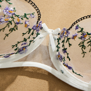 Luxury White Mesh <strong>Lingerie</strong> <strong>Set</strong> Elegant <strong>Purple</strong> Flower Embroidery Bra and Thong <strong>Set</strong> Ladies See Through Sexy Underwear - Product Image 2