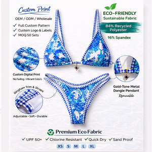 Ensemble de maillot de bain bikini pour femme en Repreve scintillant, ajustable, imprimé floral orange, vente en gros - Product Image 6