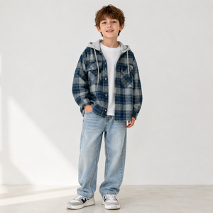 Chemise-veste à carreaux à capuche pour garçons 2026, en mélange de coton, décontractée, boutonnée, pour enfants et adolescents, style shacket, vêtement d'extérieur superposé - Product Image 2
