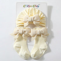 Ensemble bonnet et chaussettes pour bébé, bonnet à nœud papillon rouge, casquette à fermeture douce, en coton et Polyester, respirant, pour nouveau-né unisexe