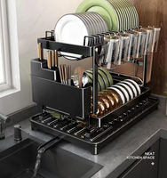 Égouttoir à vaisselle en métal à 2 niveaux, organisateur de comptoir de cuisine multifonctionnel pour bols, assiettes, tasses, ustensiles avec drainage