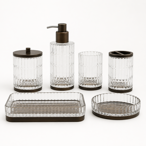 Juego de Vasos de Vidrio Transparente Acanalado de Primera Calidad con Detalles de Madera, Dispensador de Loción de 6 Piezas, Vaso, Jabonera, Tarro para Toallitas, Portacepillos de Dientes, Bandeja - Product Image 1