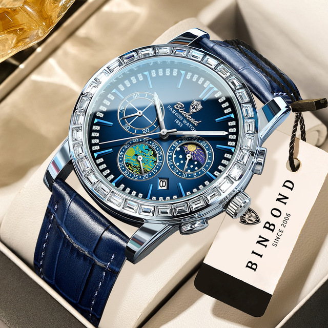 BINBOND Top Brand 8632 Watches for Men Leather Moon Phase Luminous Waterproof Timer Quartz Watches for Men