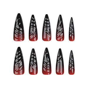 Unghie Finte Ombre Rosso <span class=keywords><strong>Nero</strong></span> Lunghe a Mandorla Lucide Riutilizzabili in Acrilico Morbido Gel Kit Manicure <span class=keywords><strong>Donna</strong></span> 24 Pezzi - Product Image 5