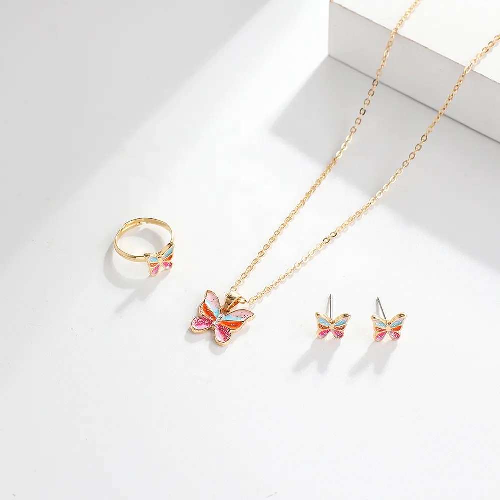 Girls' Designer Fashion Jewelry Set Gold-Plated Zinc Alloy Enamel Butterfly Earring Necklace Rings for Kids' Gifts