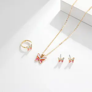 Girls' Designer Fashion Jewelry Set Gold-Plated Zinc Alloy Enamel Butterfly Earring Necklace Rings For Kids' Gifts