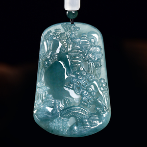 Colgante de jade sintético de alta gama con paisaje de montaña azul agua, estilo caza, grado hielo, pieza de collar. - Product Image 3