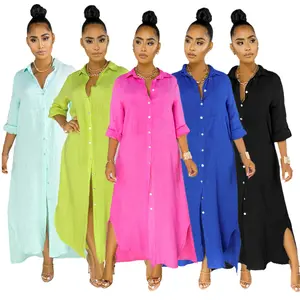 2024 Spring Women Long Sleeve Casual Shirt Dresses Women Solid Color Maxi Dress Women Casual Dresses