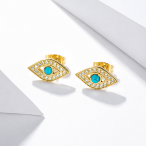 ต่างหูแบบติดหูสีเทอร์ควอยซ์ สแตนเลสสตีล ชุบทอง 14K แบบสุญญากาศ ประดับหินสีน้ำเงินตรงกลาง ขอบ CNC พร้อมตัวล็อคแบบผีเสื้อ - Product Image 1