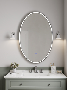 Espejo de Baño LED Ovalado con Control Táctil, Marco de Aluminio Plateado, Diseño Contemporáneo para Colgar en la Pared, Lentes de Vidrio Templado de 40-60 Pulgadas, IP44 - Product Image 1